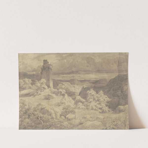 Hügelige Landschaft mit einer Turmruine by Christian Heerdt