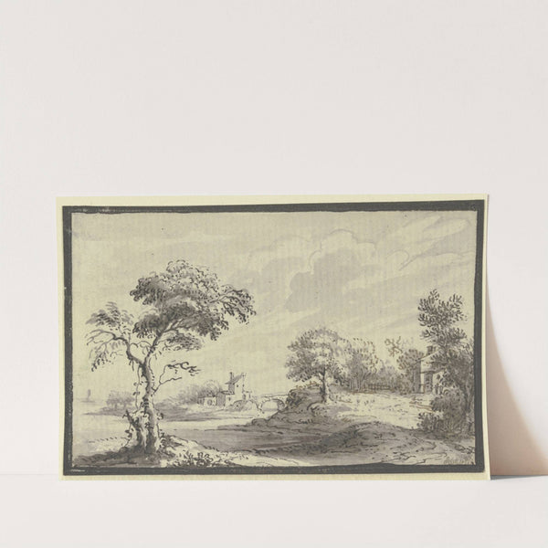 Hügelige Landschaft mit Fluß, Bäumen und Häusern (1744) by Johann Ludwig Aberli