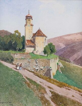 Hügelige Sommerlandschaft mit Kapelle und Personenstaffage
