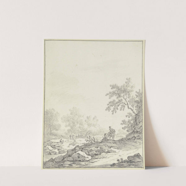 Hügeliges Gelände mit Bäumen und Gestein, im Vordergrund ein Reiter und ein sitzender Mann, links drei weitere Figuren by Johann Christoph Dietzsch