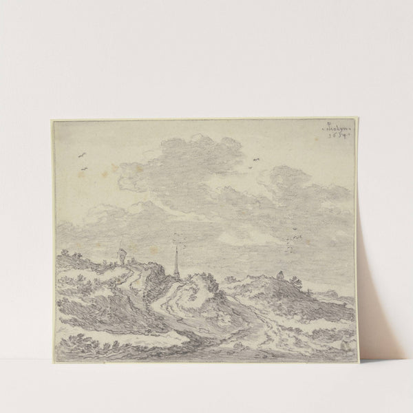 Hügeliges Terrain mit Schafherde und Schäfer, in der Ferne ein Kirchturm by Pieter de Molijn