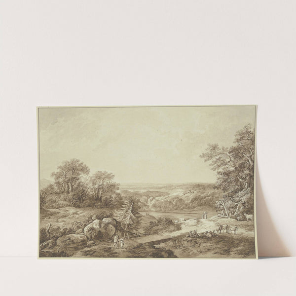 Hügellandschaft mit Ausblick in weite Ferne, vorne am Weg rastende Hirten mit ihrer Herde und wandernde Bauern by Johann Heinrich Wüest