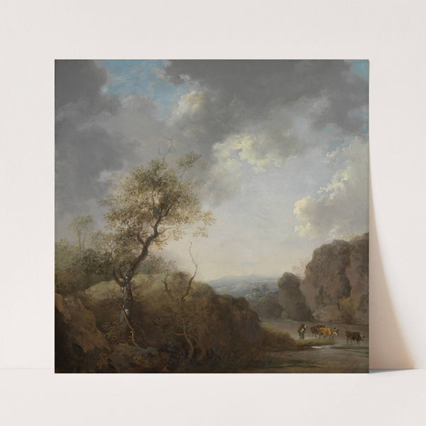 Hügellandschaft mit Flußlauf und Herde by Johann Christian Brand