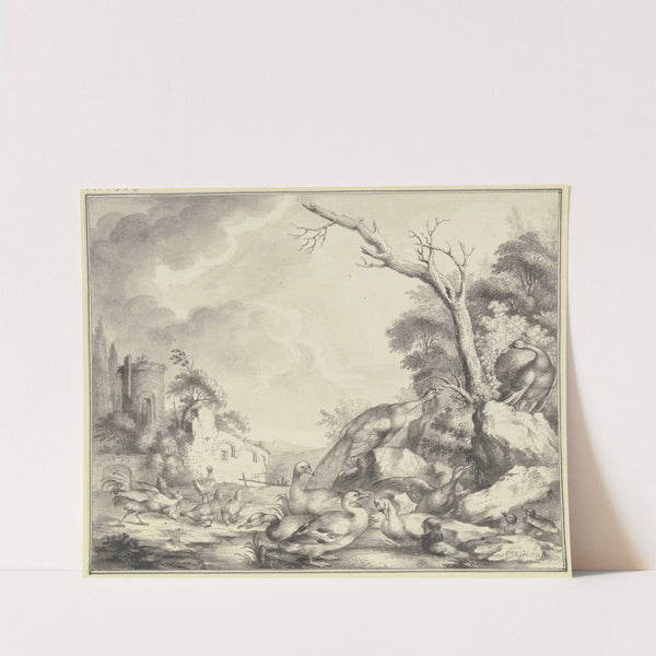 Hühner, Enten und Pfauen an einem Gewässer by Gottlieb Friedrich Riedel