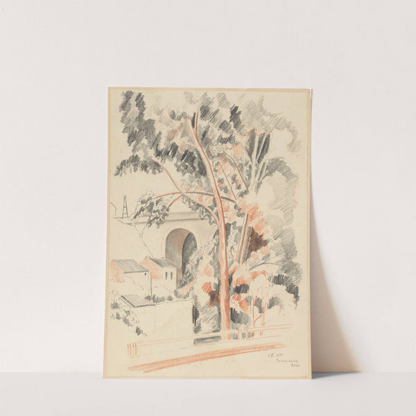 Huizen en bomen onder een viaduct te Remouchamps (1938) by Lodewijk Schelfhout