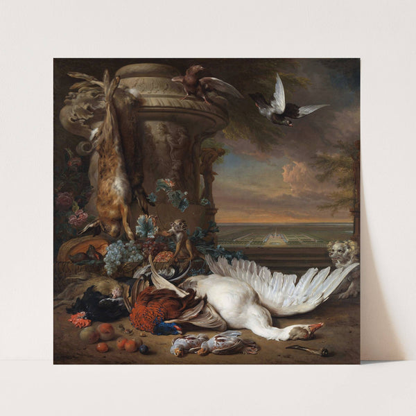 Hunting and Fruit Still Life next to a Garden Vase, with a Monkey, Dog and two Doves (1714) by Jan Weenix