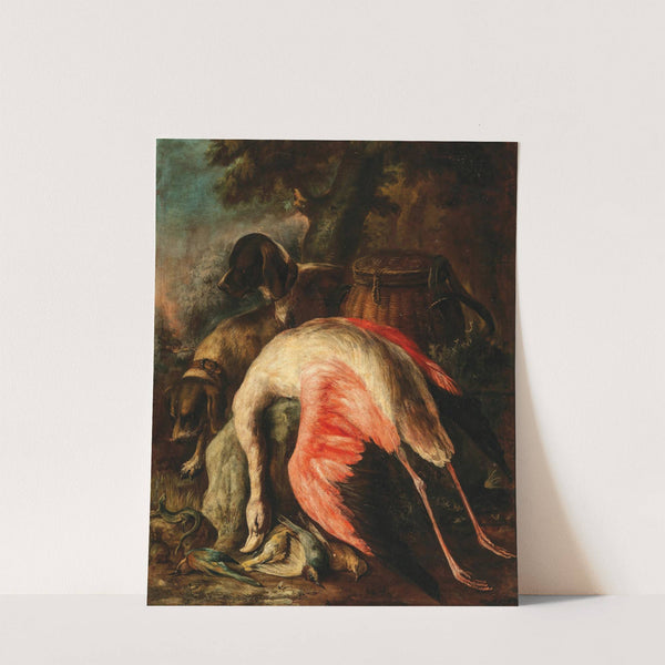Hunting dogs with a flamingo and other game in a landscape by Baldassarre De Caro
