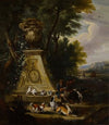 Hunting scene in a wooded park land with a pair of hunters and their hounds beside a sculptural plinth