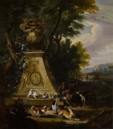 Hunting scene in a wooded park land with a pair of hunters and their hounds beside a sculptural plinth