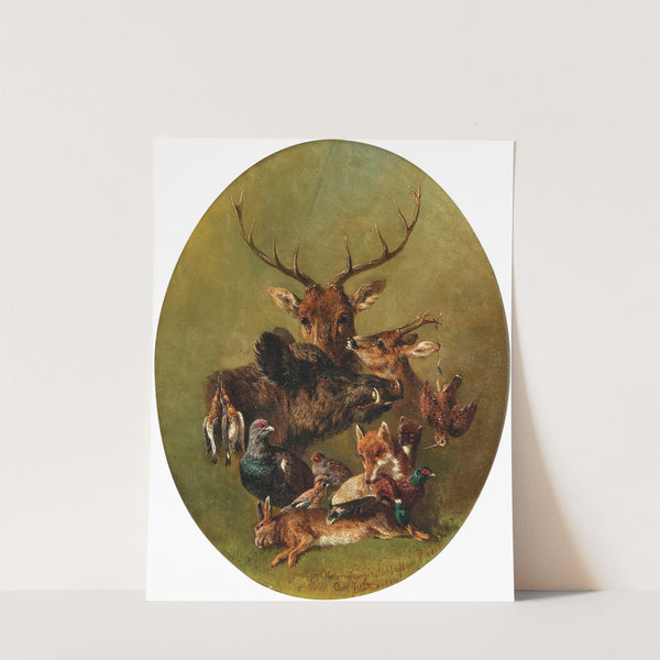 Hunting Still Life with Stag, Wild Boar, Fox, Hare, Sparrowhawk and Pheasant (1864) by Carl Jutz