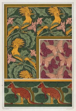 Huppes et stramoine, bordure. Papillons, étoffe de soie. Kangourou et arbres, bordure.