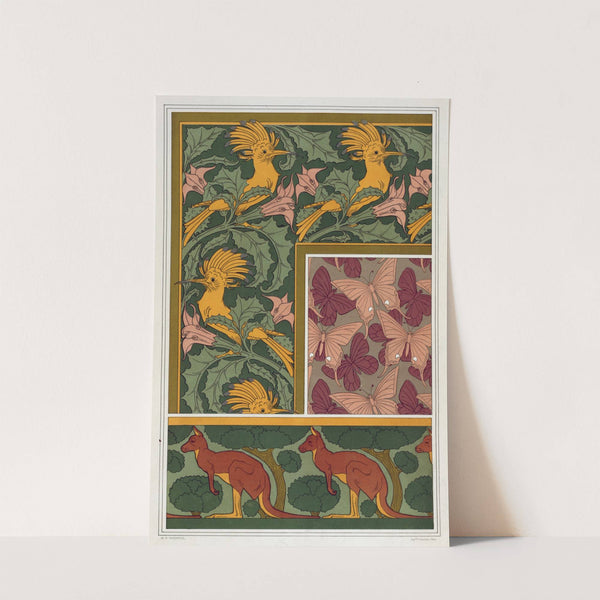 Huppes et stramoine, bordure. Papillons, étoffe de soie. Kangourou et arbres, bordure. by Maurice Pillard Verneuil