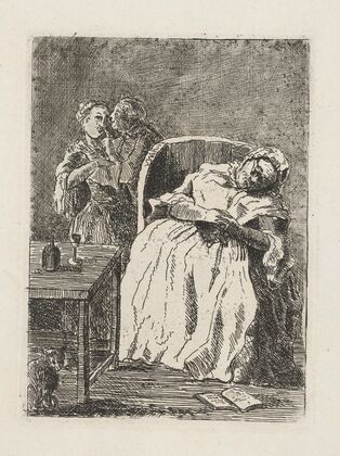 Husband kisses maid as wife sleeps in chair (1788)