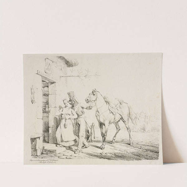 Hussar at the Door of a Cabaret, or Hussar Embracing a Servant (1817) by Horace Vernet