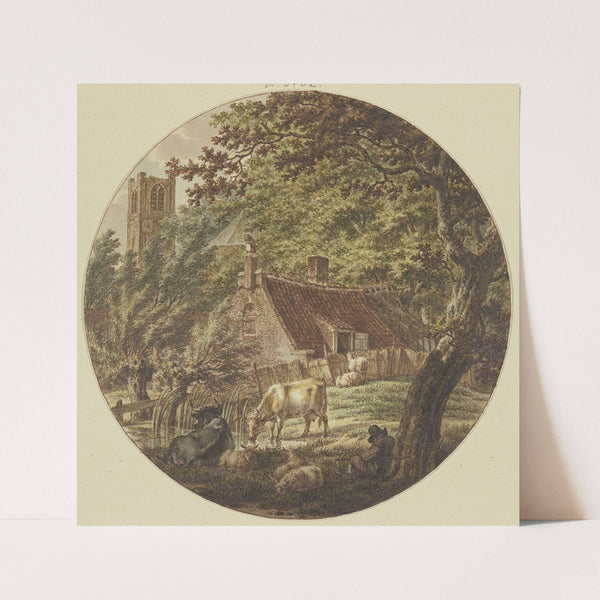 Hütte im Walde mit einigem Vieh, links ein Kirchturm (1788) by Jacob Cats