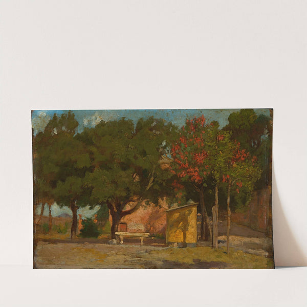 Hütte mit Bank unter herbstlichen Bäumen by Albert Lang