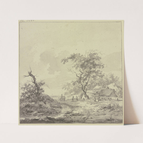 Hütten bei zwei großen Bäumen, auf dem Weg ein Wagen und zwei Männer am Zaun by Hermanus van Brussel