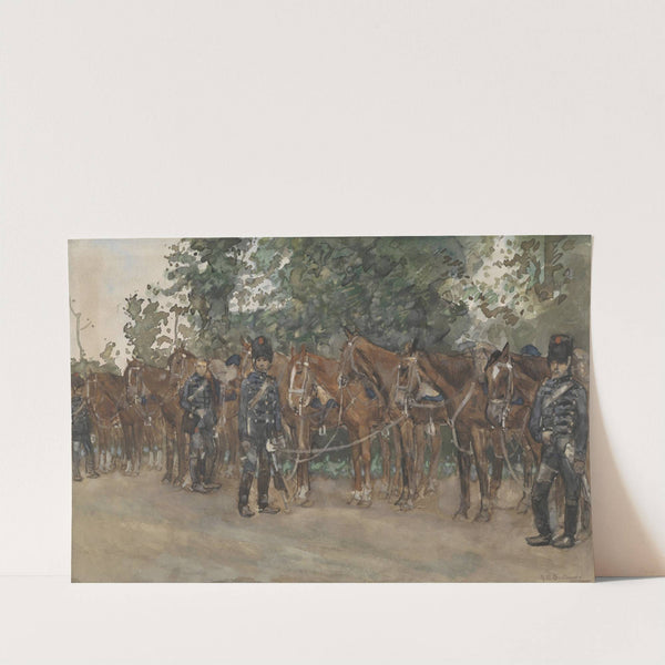 Huzaren staande naast hun paarden langs de kant van de weg by George Hendrik Breitner
