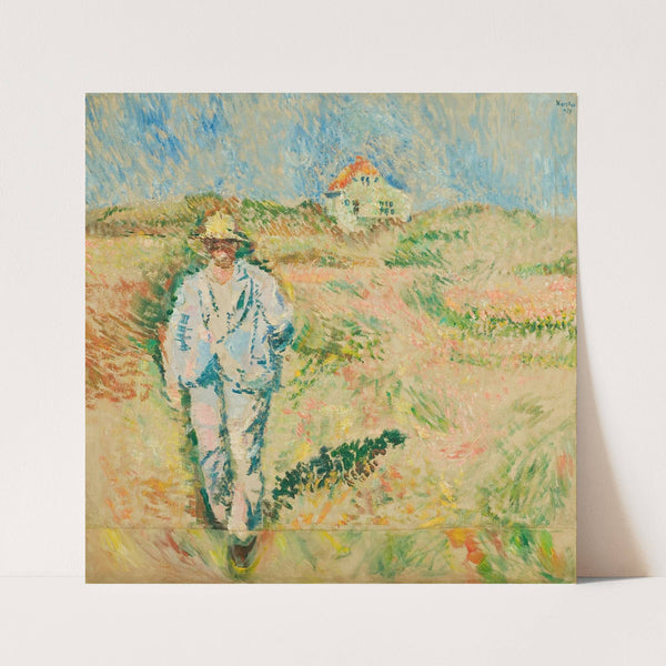 Hvitkledd mann i skagenlandskap by Ludvig Karsten