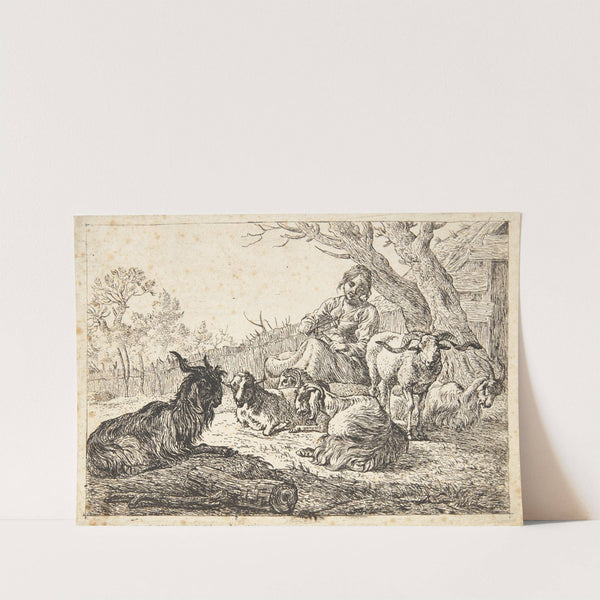 Hyrdinde med en garnvinde, siddende blandt geder og får by Pieter van Laer