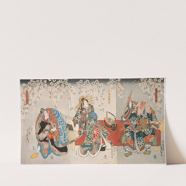 Ichikawa Kodanji IV as Hige no Ikyū, Bandō Shūka I as Miuraya Agemaki, and Ichikawa Danjūrō VIII as Agemaki no Sukeroku in the play Sukeroku kuruwa no hanamidoki (1850) by Utagawa Kunisada (Toyokuni III)