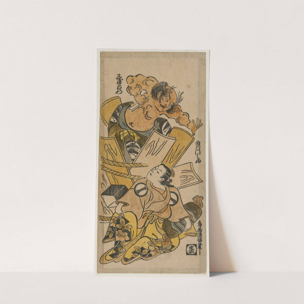 Ichikawa Monnosuke as a Courtesan and Nakajima Mioemon Bursting Out of a Barrel (c. early 1720s) by Torii Kiyomasu