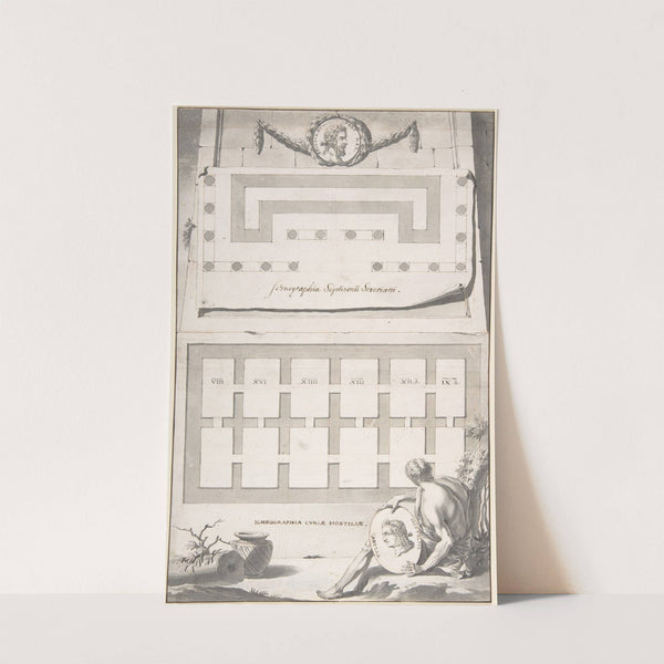 Ichnographia (or groundplan) of the Arch of Septimius Severus (above) and the Curia Hostilia (below) by Jan Goeree