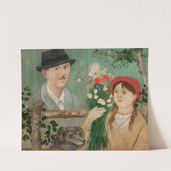 Idyll beside a fence (Self-portrait, girl with flowers and dog) by Tadeusz Makowski