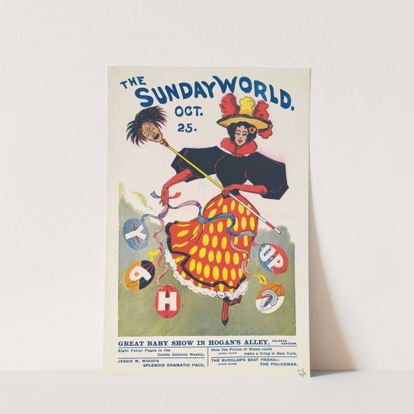 illustration of a woman, in a colorful dress and hat, dancing among footballs by Anonymous