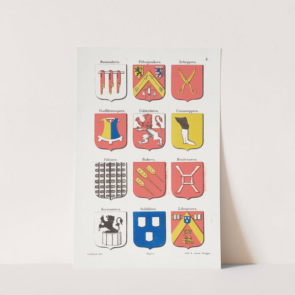Illustration Page from ‘De ambachten en neringen van Brugge’ by Gailliard; The Coats of Arms of the Guilds Plate 4. (1854) by Auguste Ancot