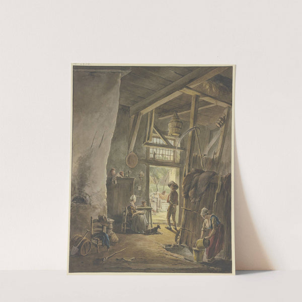 Im Inneren eines Bauernhauses, an der Tür sitzt die Frau, mit dem hinausgehenden Mann sprechend, rechts die Magd mit zwei Wassergefäßen by Hermanus van Brussel