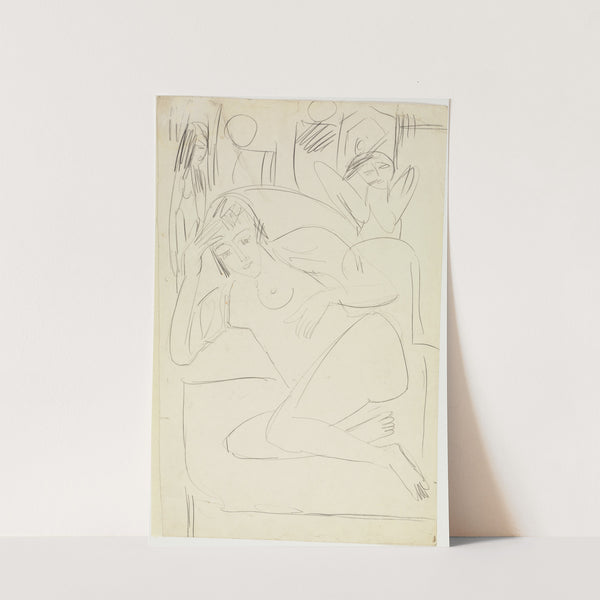 Im Sessel kauernder weiblicher Akt mit Holzfiguren (1925) by Ernst Ludwig Kirchner