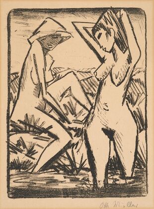 Im Wasser stehendes und am Ufer sitzendes Mädchen mit Hut (Mädchen im Bade) (1921-1922)