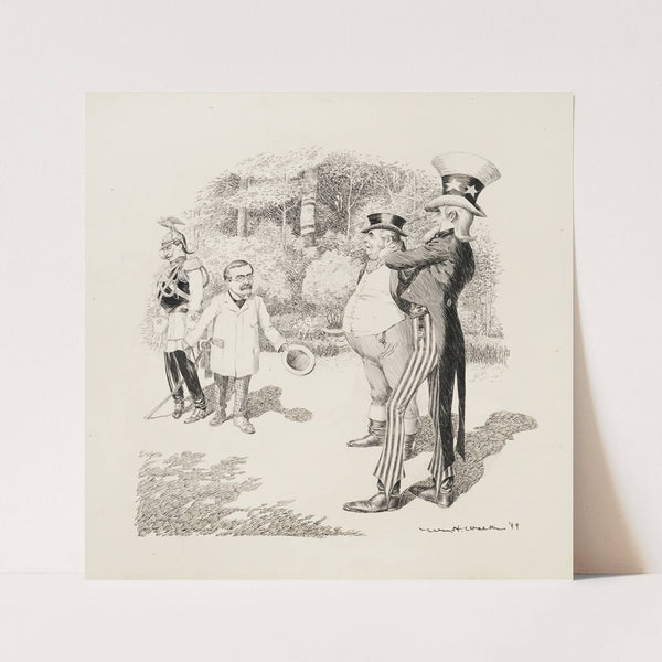 In a forrest, Uncle Sam and a man representing Great Britain talks with a man in military uniform and a small man in a suit. (1899) by William Henry Walker