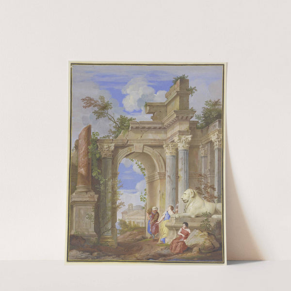 In den Ruinen römischer Architektur die drei Parzen, rechts ein Löwe aus Marmor by Jan Baptist Weenix