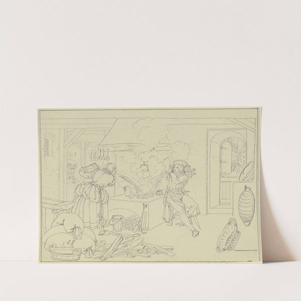 In der Küche einer Mühle sitzt ein Ritter am Herde, die Müllerin sucht mit einem Eimer Wasser das Feuer zu löschen by Ferdinand Fellner