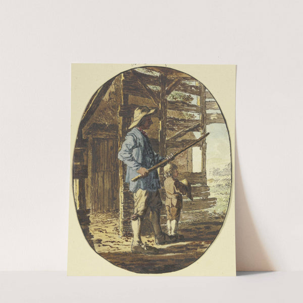 In einem Bretterverschlag steht ein Mann mit einem Stock in abwehrender Haltung, vor ihm ein Knabe, seinen Hut vor den Körper haltend by Steven Goblé