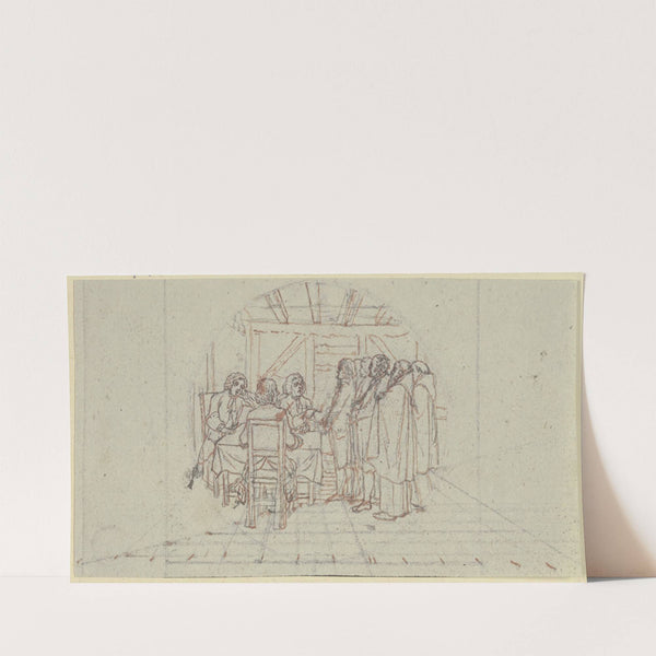 In einem einfachen Raum sitzen links an einem Tisch drei Richter (Märterer der Wahrheit) (ca. 1795) by Daniel Nikolaus Chodowiecki