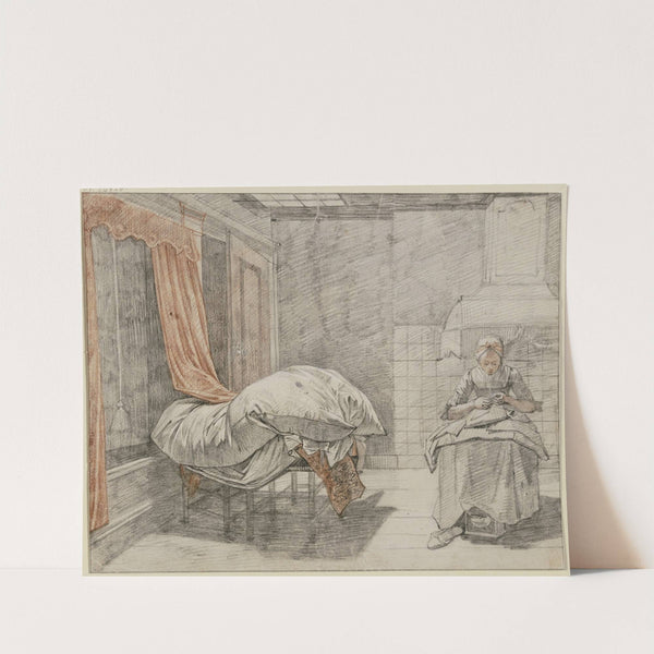 In einem Zimmer rechts eine Näherin, links ein zum Durchlüften aufgelegtes Bett by Jan Gerard Waldorp