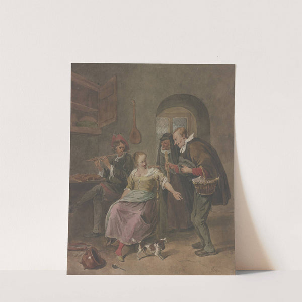 In einem Zimmer spielt ein Mann die Flöte, dabei sitzt eine Frau, die mit einem Mann spricht, der ein Körbchen trägt, hinter beiden eine alte Frau by Hermanus Numan