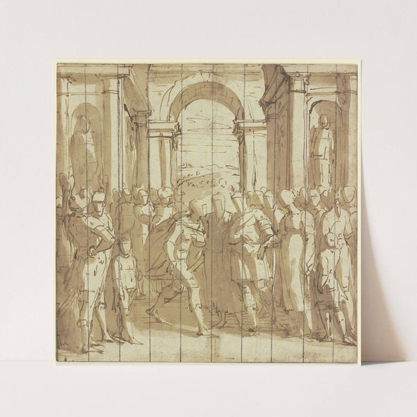 In einer Halle führt in Gegenwart vieler Personen ein Mann einem Jüngling ein Mädchen zu (ca 1565-1570) by Luca Cambiaso