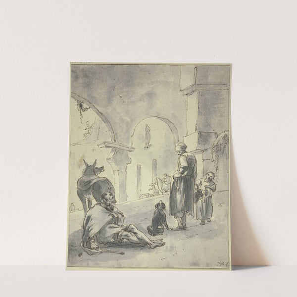 In einer Halle sitzt ein Bettler bei einem Esel, vor ihm eine Frau, ein Kind und ein Hund by Hendrik Verschuring