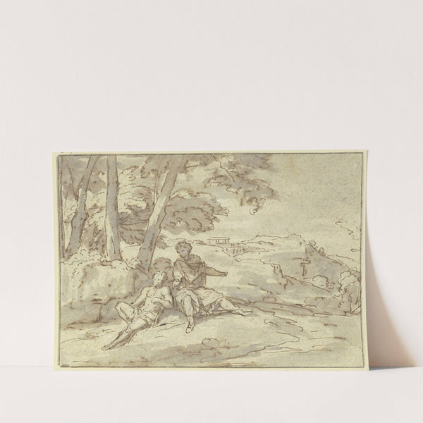 In einer Landschaft sitzen unter einer Baumgruppe zwei antike Figuren by Abraham Genoels II