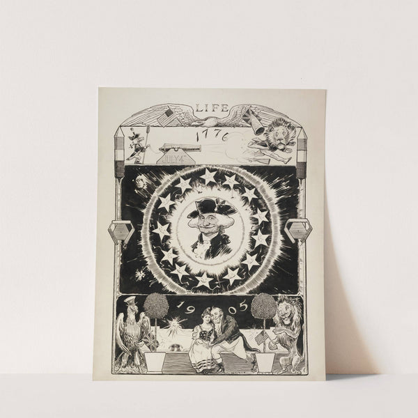 In the center of the image is George Washington, smiling. In the top, the American eagle with a cannon defeats the British lion on July 4, 1776 (1905) by William Henry Walker