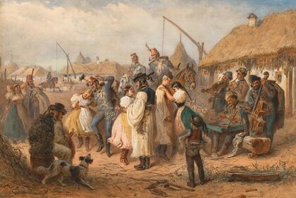 In the Hungarian Pustza, soldiers and girls dancing — size preview