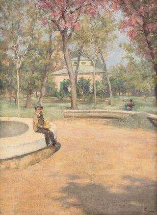 In the park, a boy sitting at the edge of a fountain (1880)