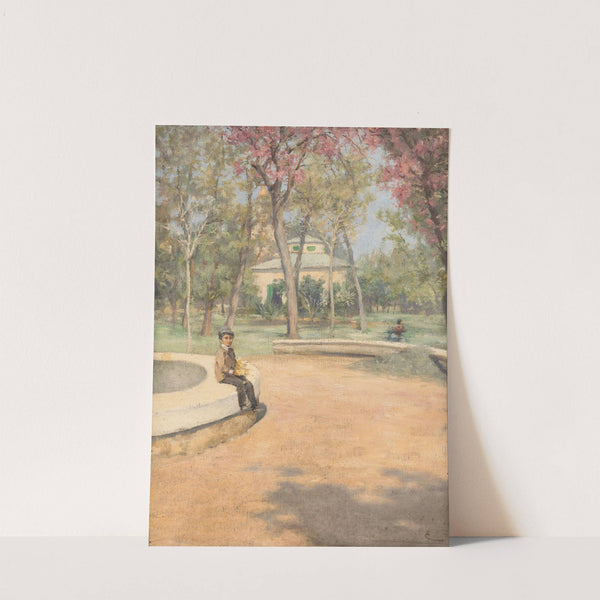 In the park, a boy sitting at the edge of a fountain (1880) by Josef Engelhart