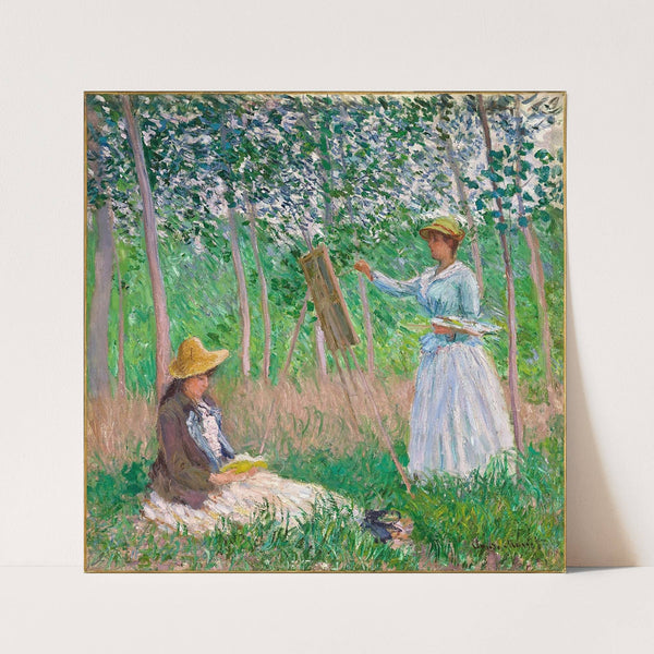 In The Woods At Giverny- Blanche Hoschedé At Her Easel With Suzanne Hoschedé Reading by Claude Monet