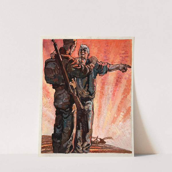 Infantryman receiving directions from old ploughman, each with hand on other's shoulder by Anonymous