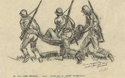 Infantrymen carrying back Japanese prisoner shelter-half